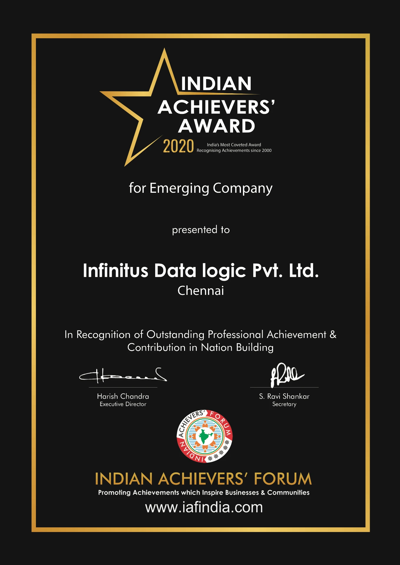 Indian Achievers' Award 2020 certificate for Emerging Company presented to Infinitus Data Logic Pvt. Ltd., Chennai
