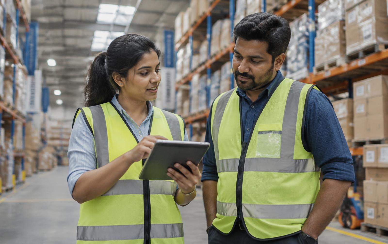 Operations managers reviewing live logistics data on a tablet in a warehouse